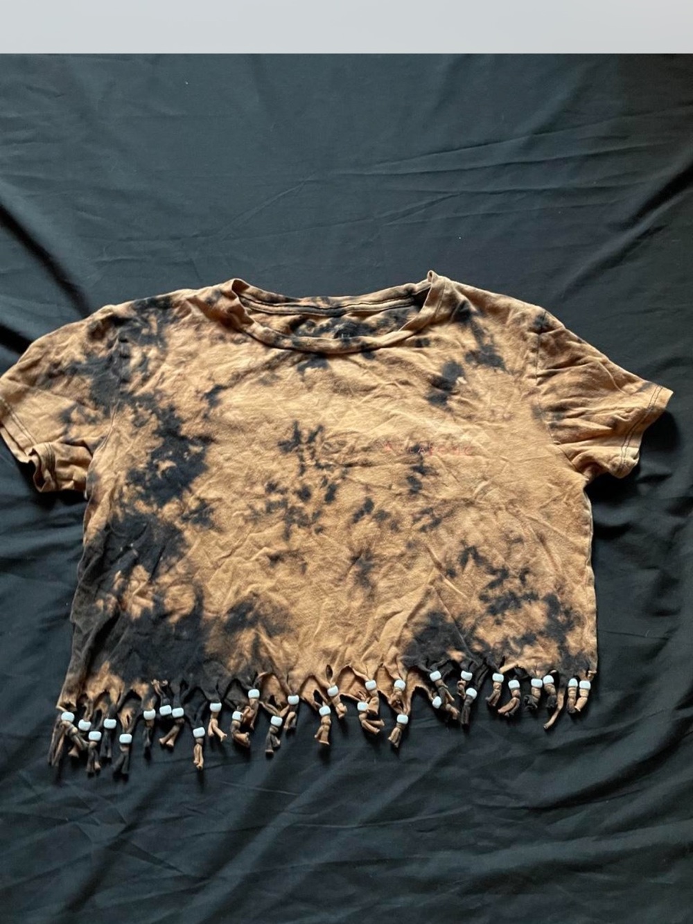 Billabong Black and Brown Cropped Tie-Dye Tee with Beaded Fringe